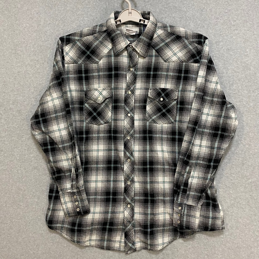 Wrangler Men's 2XT Western Pearl Snap Plaid Long Sleeve Shirt Black White Cotton